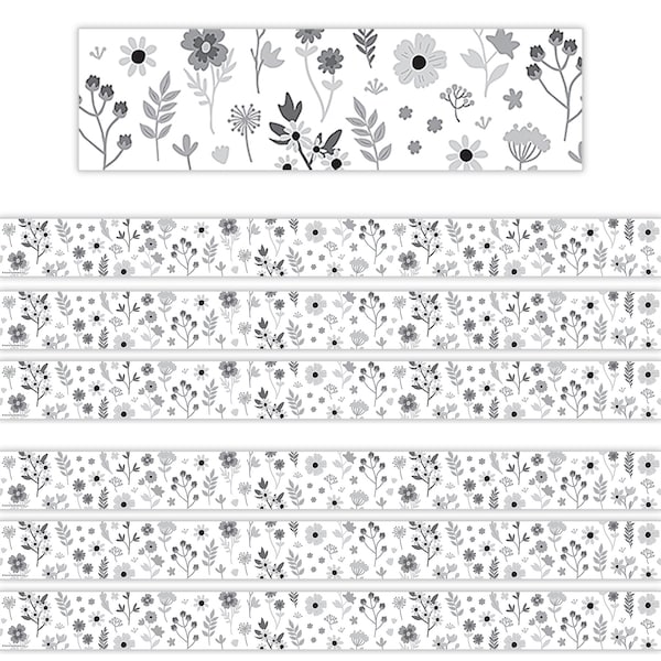 Teacher Created Resources Black and White Floral Straight Border Trim, 72PK 6808 - main